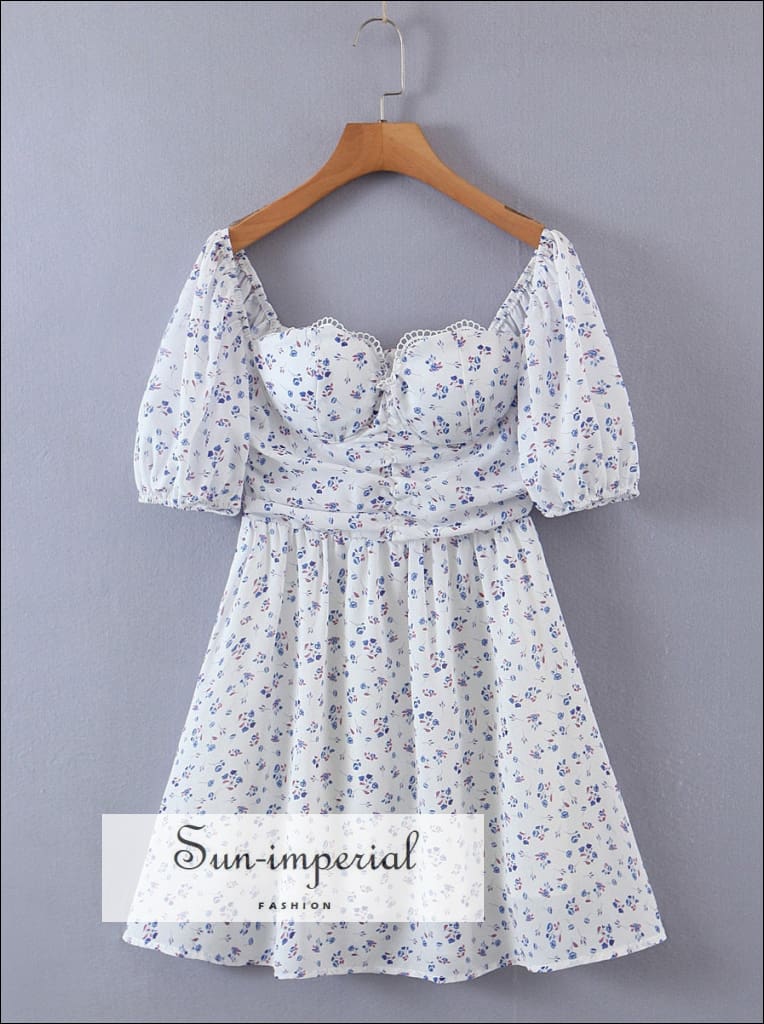 Sun-imperial - women White a-line blue floral print mini dress with padded bodice and puff short MULTI / M Sun-imperial - women White a-line blue floral print mini dress with padded bodice and puff short MULTI / M