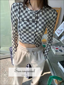 Women White and Black Mini Squares Print Asymmetrical Hem Plaid Cropped top with Contrast Stitch Basic style, casual style women blouse, 