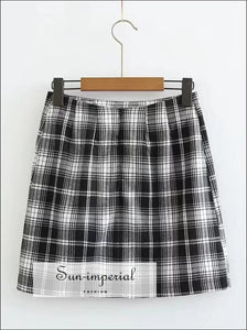 Women White and Black Plaid Print Mini Skirt with Two Small front Slits SUN-IMPERIAL United States