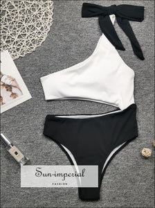 Women White and Black Ribbed Color Block Cut out One Piece Swimsuit with Tie Shoulder detail one piece, piece swimsuit, women And Out With 