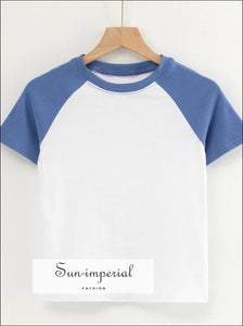 Women White Blue Color Block Short Sleeve Crop top with Crew Neck Raglan T-shirt Basic style, casual harajuku olor Top With T-shirt, Preppy 