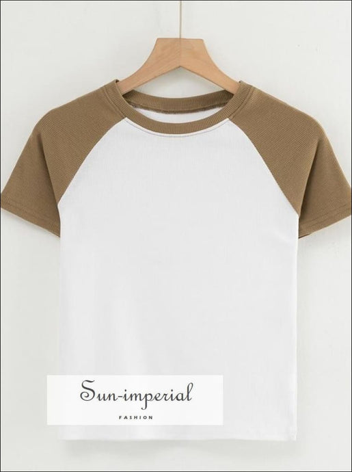 Women White Blue Color Block Short Sleeve Crop top with Crew Neck Raglan T-shirt Basic style, casual harajuku olor Top With T-shirt, Preppy 