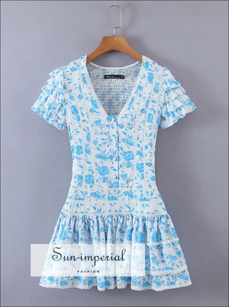 Women White Blue Floral Print Deep V Neck Ruffle Short Sleeve Mini Dress with and Buttons Sun-Imperial United States