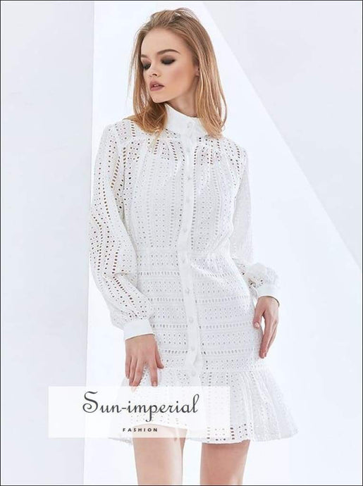 Women White Buttoned Long Sleeve A-line Elegant Mini Dress with High Collar and Ruffle detail bohemian style, elegant Unique A-Line With And