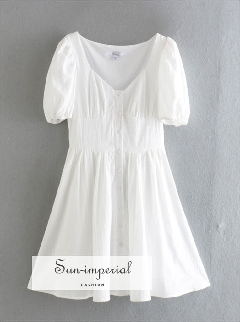 Women White Center Buttoned Ruched A-line Cotton Mini Dress with Short Puff Sleeve detail Bohemian Style, boho style, chick sexy corset 