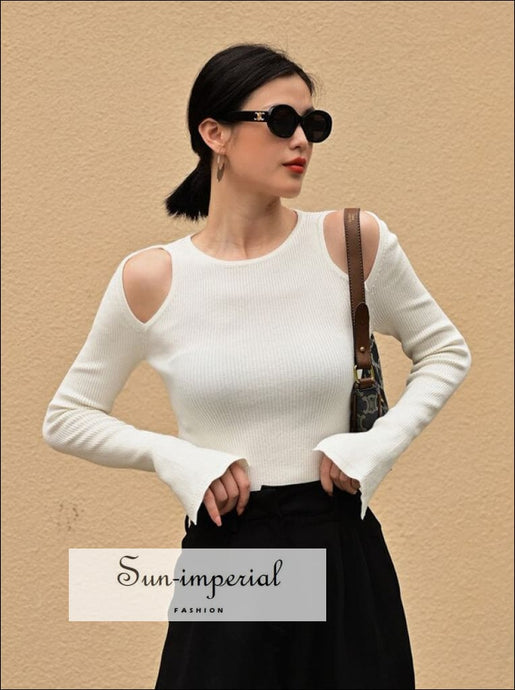 Women White Cold Shoulder Long Sleeve Ribbed Crop top with Split Cuff detail Sun-Imperial United States