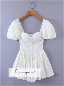 Women White Corset A-line Square Collar Short Puff Sleeve Ruffle Hem Mini Dress Bohemian Style, boho style, chick sexy corset harajuku style