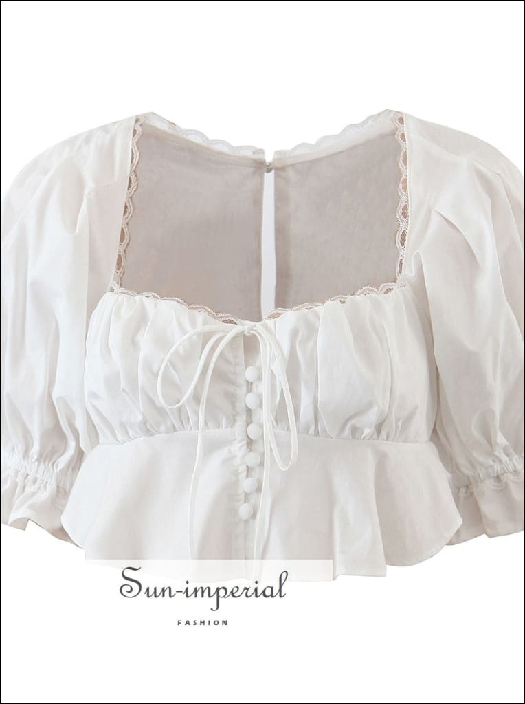 Women White Corset Style Buttoned Square Collar top Short Puff Sleeve Blouse with Ruffles and Lace Beach Print, bohemian style, boho chick 