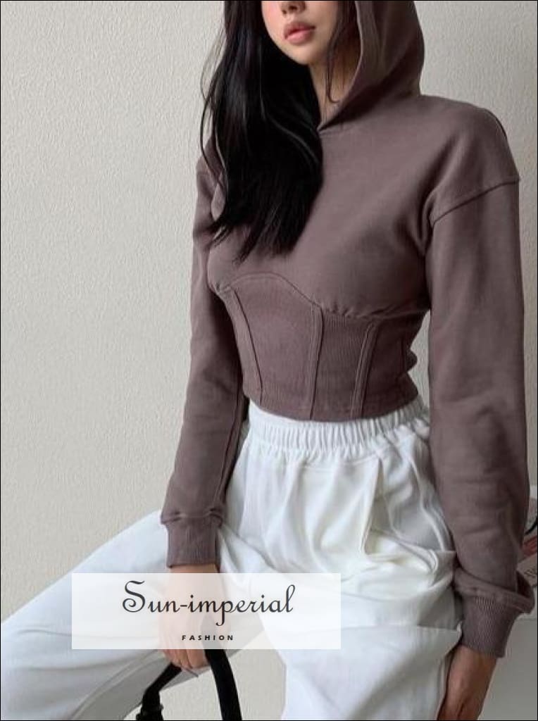 Women Brown Corset Style Cinched Waist Crop Hoodie Sweatshirt