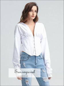 Women White Corset Style Long Sleeve Hoodie Sweatshirt top with V Neck front Hooks and back Lace Tie SUN-IMPERIAL United States