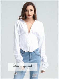 Women White Corset Style Long Sleeve Hoodie Sweatshirt top with V Neck front Hooks and back Lace Tie SUN-IMPERIAL United States