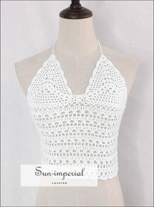 Women White Crochet Knit Crop top Halter Lace-up Beach Vacation top