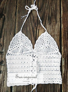 Women White Crochet Knit Crop top Halter Lace-up Beach Vacation top