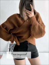 Women White Crossover front Chunky Knit Pullover Ribbed Sweater top Basic style, bohemian boho casual chick sexy style SUN-IMPERIAL United 
