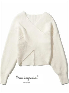 Women White Crossover front Chunky Knit Pullover Ribbed Sweater top Basic style, bohemian boho casual chick sexy style SUN-IMPERIAL United 