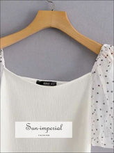 Women White Elegant Mesh Dot Blouse Vintage Square Neck Puff Sleeve Crop top blouse, dot, dot print, polka print SUN-IMPERIAL United States