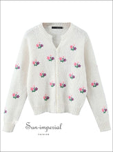 Women White Embroidery Flower Cropped Knitted Cardigan with Center Button Bohemian Style, boho style, chick sexy harajuku Preppy Style 