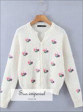 Women White Embroidery Flower Cropped Knitted Cardigan with Center Button Bohemian Style, boho style, chick sexy harajuku Preppy Style 