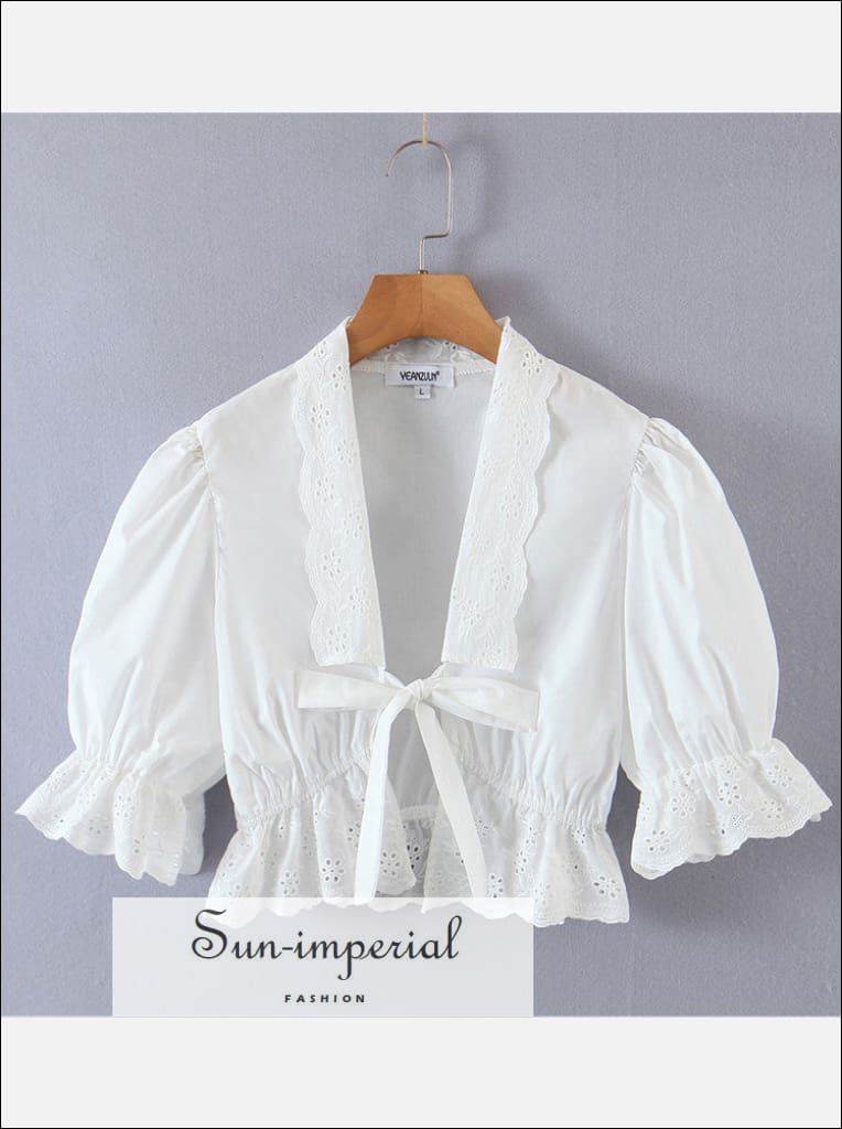 Women White Embroidery Short Puff Sleeve Cropped top with Ruffles Hem and Center Bow Tie detail Sun-Imperial United States