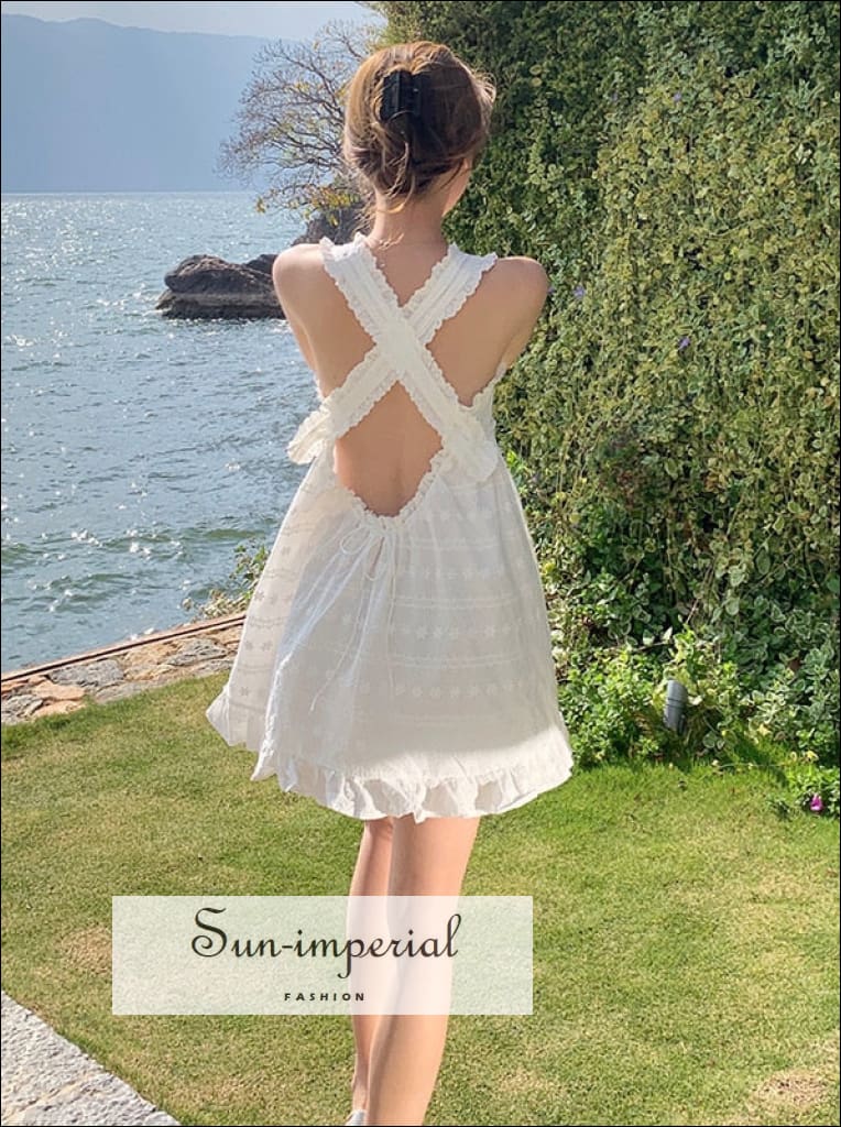 Sun imperial women white embroidery sleeveless backless mini dress with x back strap detail Sun Imperial