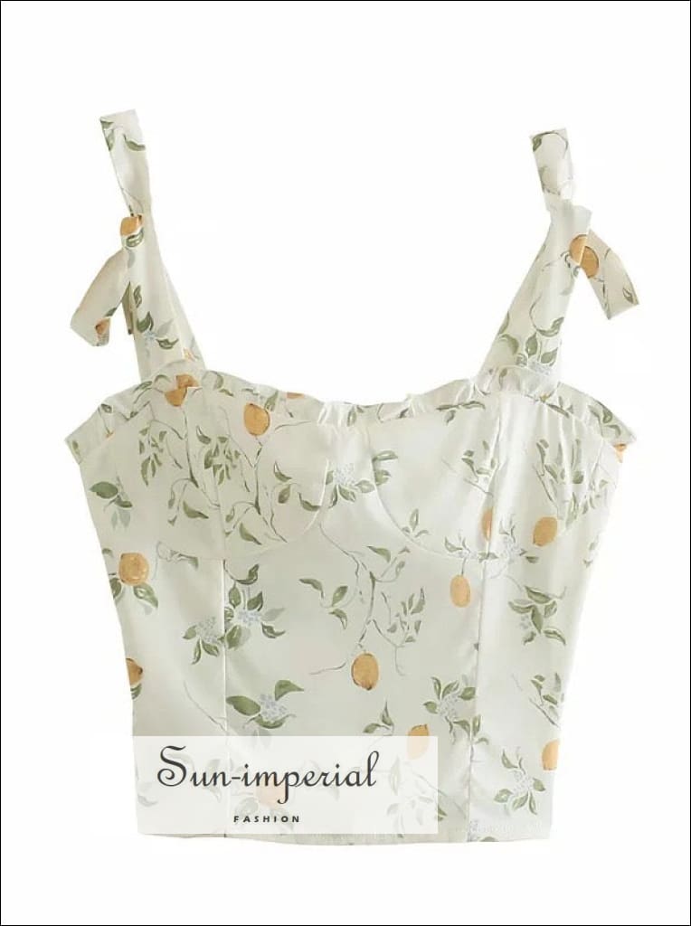 Women White Floral Cami Strap top with Center Bow and Ruched Bodice detail Tank Top With And Detail Sun-Imperial United States