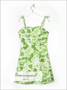 Women White Green Leaf Print Tie Cami Strap A-line Mini Dress Beach Style Print, Bohemian Style, boho style, chick sexy Preppy Clothes 
