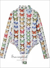 Women White High Neck Blue Butterfly Print Mesh Long Sleeve Bodysuit butterfly print bodysuit, harajuku style, long sleeve PUNK STYLE, 