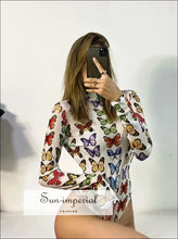 Women White High Neck Blue Butterfly Print Mesh Long Sleeve Bodysuit butterfly print bodysuit, harajuku style, long sleeve PUNK STYLE, 
