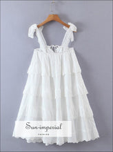 Women White Layered Lace Ruffles Puff Mini Dress with Tie Cami Strap and Center Details Sun-Imperial United States