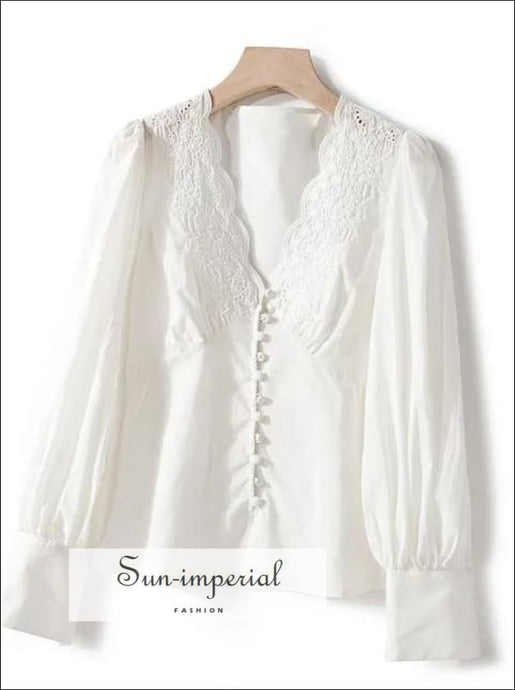 Women White Long Lantern Sleeve Embroidery Blouse with V-neck Lace and Buttons detail casual style, elegant vintage workwear SUN-IMPERIAL 