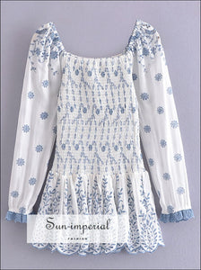 Women White Long Puff Sleeve Blue Flower Print Elastic Ruched Mini Dress with Ruffles Hem detail Basic style, Beach Style Print, Bohemian 