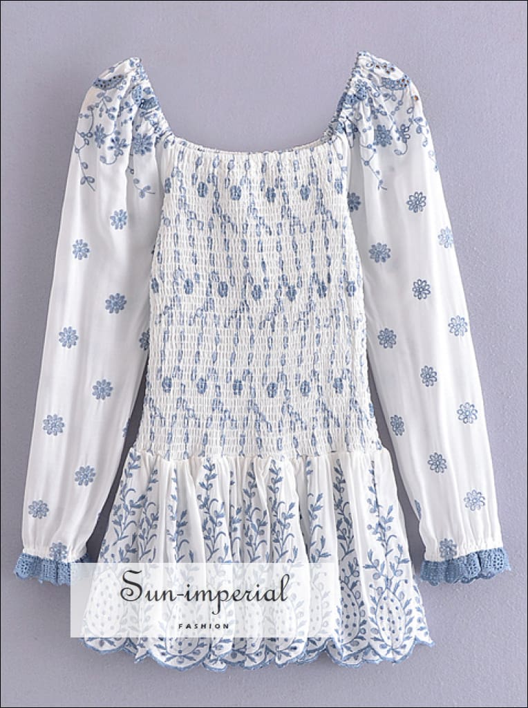 Sun-imperial - women White long puff sleeve Blue flower print elastic ruched mini dress with ruffles Blue / S
