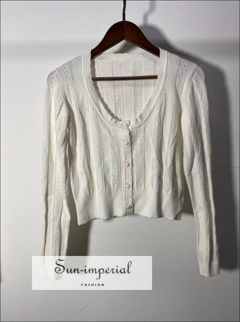 Women White Long Sleeve Knit Cardigan Sweater with Round O-neck knit With SUN-IMPERIAL United States