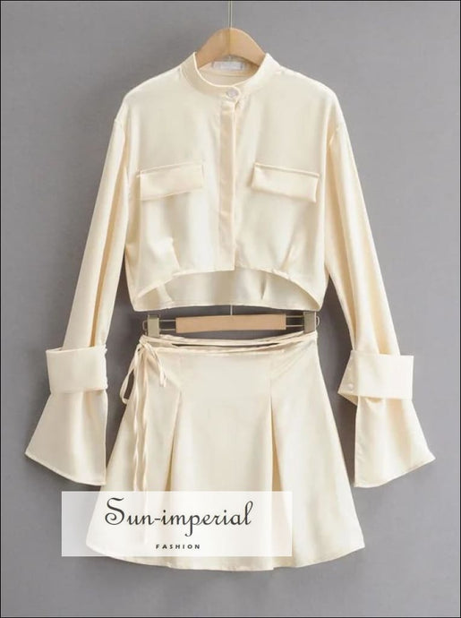 Women White Long Sleeve Satin Stand Collar Crop top Shirt with Cuff Closer and Tie Strap Mini 2 piece, piece set, skirt bohemian style, boho