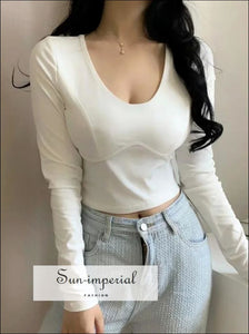 Women White Long Sleeve top Round Neck T-shirt with Corset Style Seam casual style, chick sexy corset harajuku PUNK STYLE SUN-IMPERIAL 