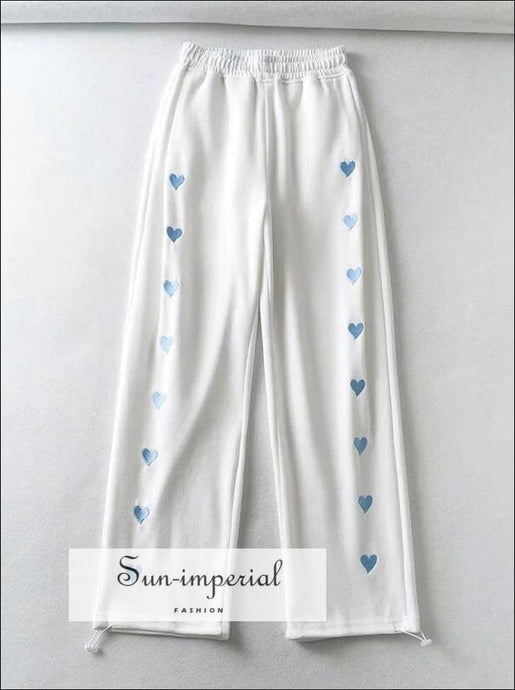 Women White Oversized Jogger Sweetheart Sporty Pants with Drawstring Cuffs and Heart Print detail Basic style, casual harajuku Preppy Style 