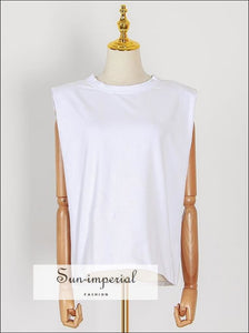 Women White Padded Shoulder Muscle Sleeveless Casual top Basic style, street Streetwear, women muscle top, olid tee SUN-IMPERIAL United 