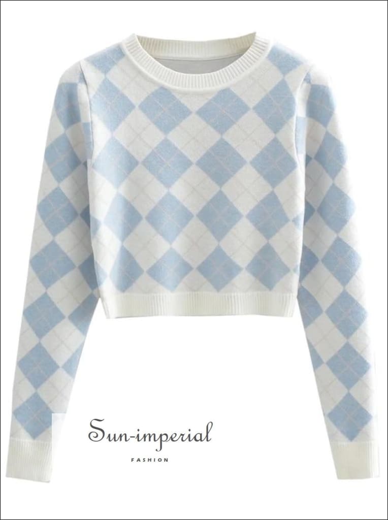 Sun-imperial - women White pink argyle crew neck cropped knit jumper S / LightBlue