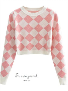 Women White Pink Argyle Crew Neck Cropped Knit Jumper chick sexy style, harajuku Preppy Style Clothes, PUNK STYLE, street style SUN-IMPERIAL