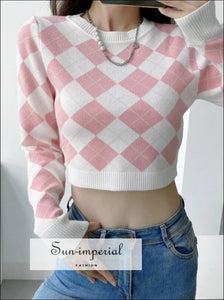 Women White Pink Argyle Crew Neck Cropped Knit Jumper chick sexy style, harajuku Preppy Style Clothes, PUNK STYLE, street style SUN-IMPERIAL