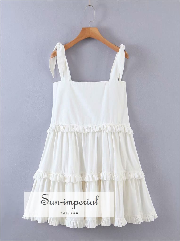 Women White Plated Ruffled Scalloped Square Collar Tie Cami Strap Mini Dress with Seam detail Beach Style Print, bohemian style, boho 
