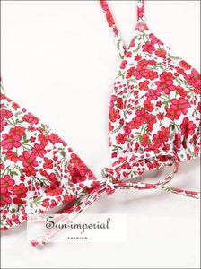 Women White Red Floral Print Bikini Set Tie front top High Waist side bottom SUN-IMPERIAL United States