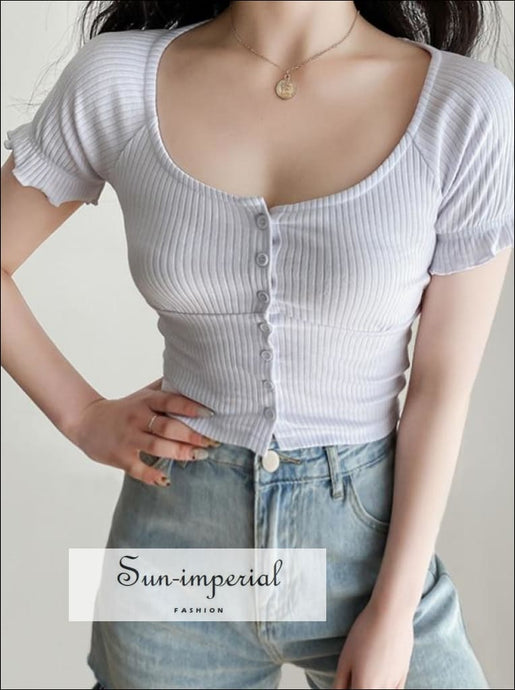 Women White Ribbed Round Scoop Neck Buttoned Short Sleeve T-shirt with Lettuce Trim detail Basic style, casual harajuku Preppy Style 