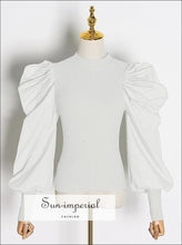 Women White Ribbed top with Long Puff Ruched Sleeve O Neck Blouse casual style, elegant Unique style SUN-IMPERIAL United States