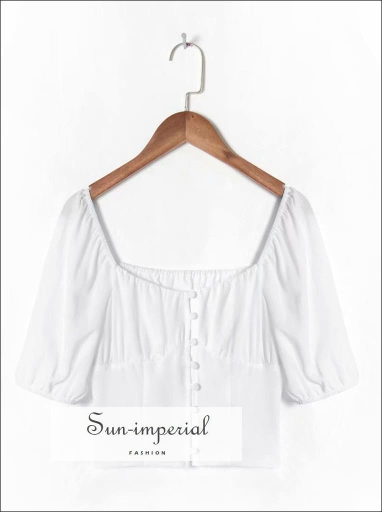 Women White Short Puff Sleeve Square Neck Corset Style Blouse with Center Buttons detail boho style, harajuku Preppy Clothes, styleWomen 