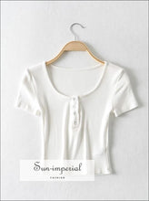 Women White Short Sleeve Round Neck Buttoned front T-shirt Basic style, blouse, casual harajuku Preppy Style Clothes SUN-IMPERIAL United 