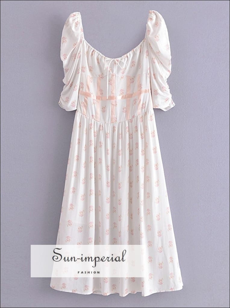 Women White Short Sleeve Square Collar Midi Dress with Pink Floral Print and Center Bow Tie detail Beach Dresses, Style Print, bohemian 