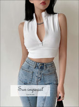 Women White Sleeveless Half Zip Crop Tank top with High Neck Basic style, casual chick sexy harajuku Preppy Style Clothes SUN-IMPERIAL 