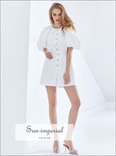 Women White Solid Mid Puff Sleeve High Neck A-line Romper with Buttons detail Wide Leg Short Elegant romper, rompers and jumpsuit, women 