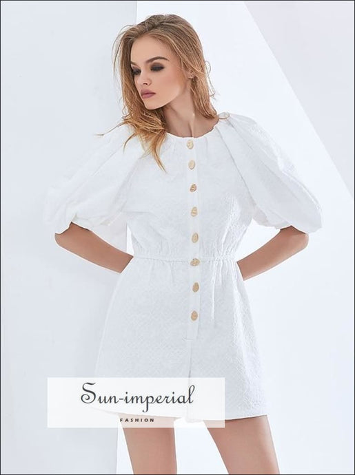 Women White Solid Mid Puff Sleeve High Neck A-line Romper with Buttons detail Wide Leg Short Elegant romper, rompers and jumpsuit, women 